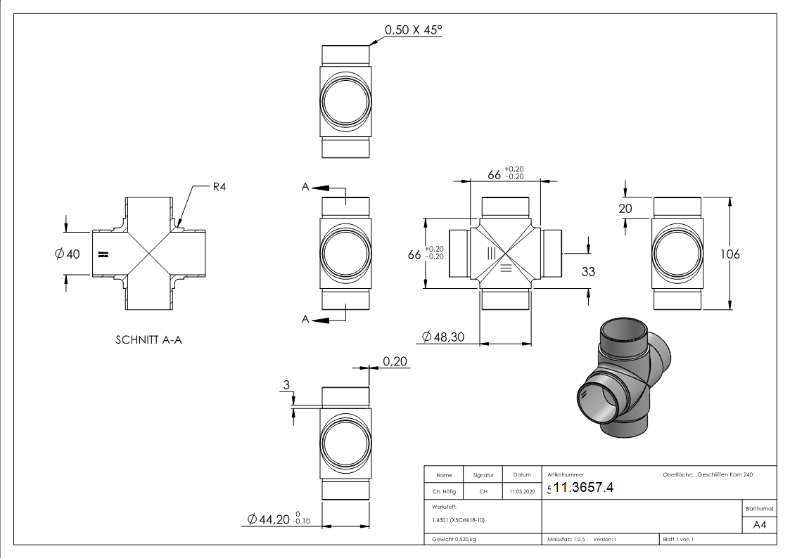 Kreuzstueck V2A fuer Rohr Ø 48-3 x 2-0 mm zum Stecken-11-3657.4