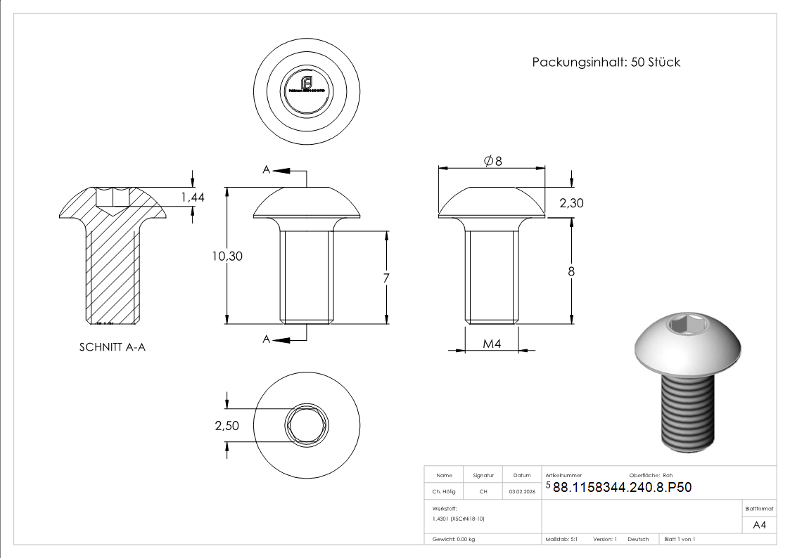 Linsenkopfschrauben Set V2A M4x8 Innensechskant fuer Nutrohr 42-4 mm -50 Stk-88-1158344-240-8.P50