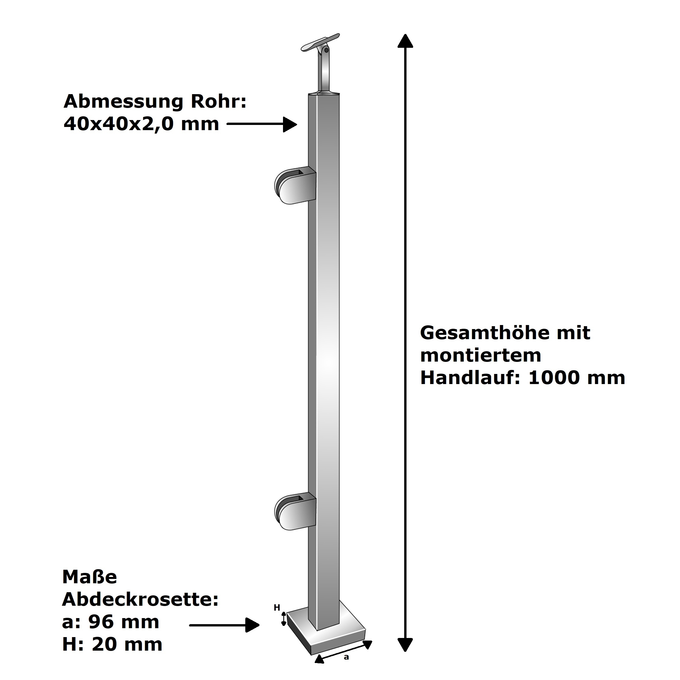 Gelaenderpfosten - Endpfosten links - Laenge- 1000 mm - fuer aufgesetzte Montage - V2A-14-0060EG-A.4