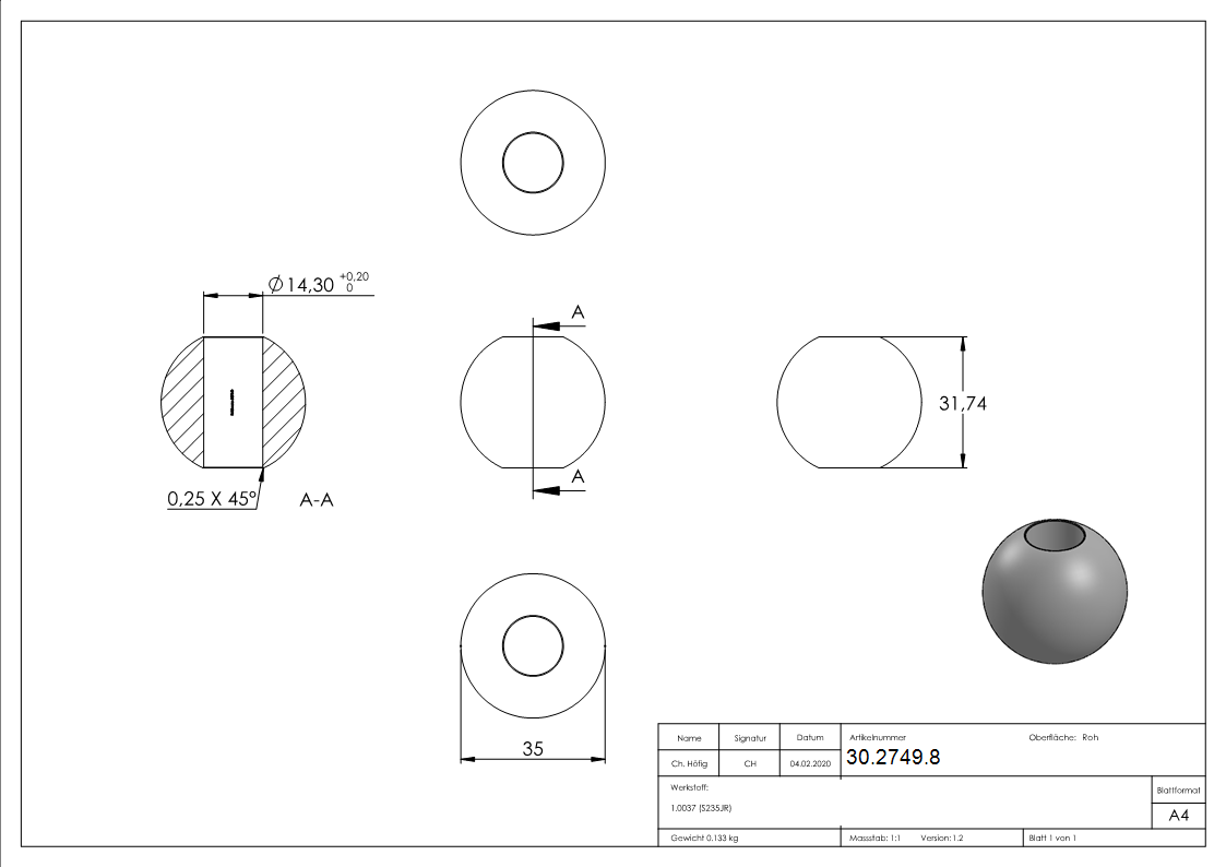 Kugel Ø 35 mm - mit Durchgangsbohrung 14-2 mm - Stahl S235JR- roh-30-2749.8