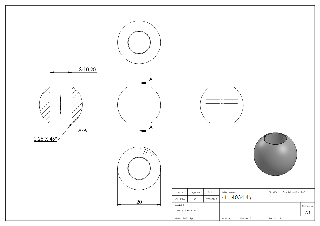 Kugel - Ø 20 mm - mit Durchgangsbohrung- 10-2 mm - V2A-11-4034.4