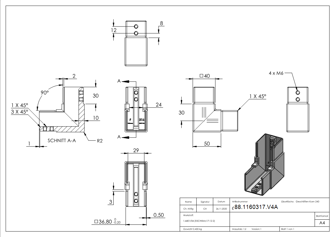 Eckbogen- vertikal- fuer Nutrohr 40 x 40mm- V4A-88-1160317.V4A