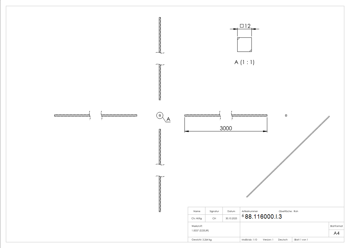 Vierkant 12x12mm gehaemmert- L=3m-88-116000-I.3