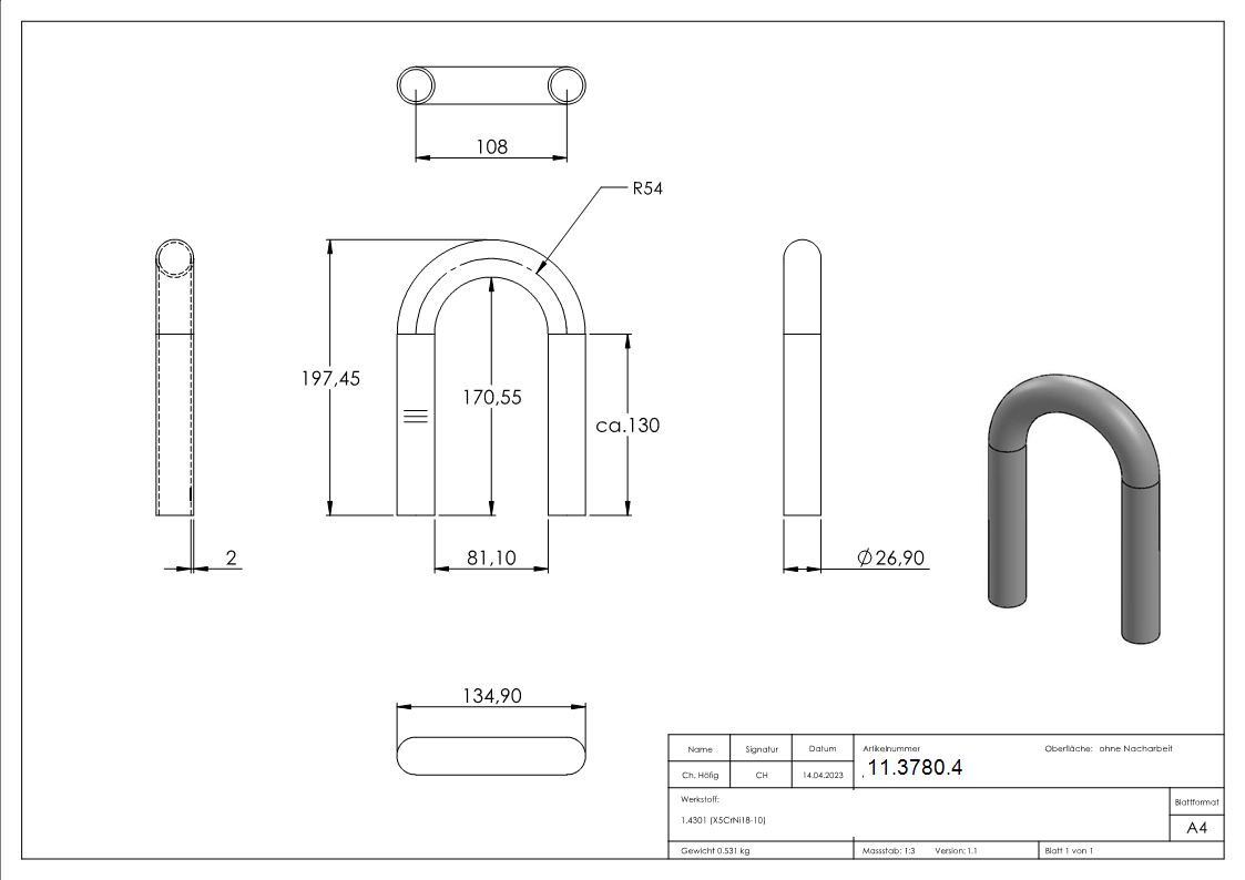 Bogen 180° zum Schweissen aus Rundrohr- Ø 26-9x2-0 mm V2A-11-3780.4