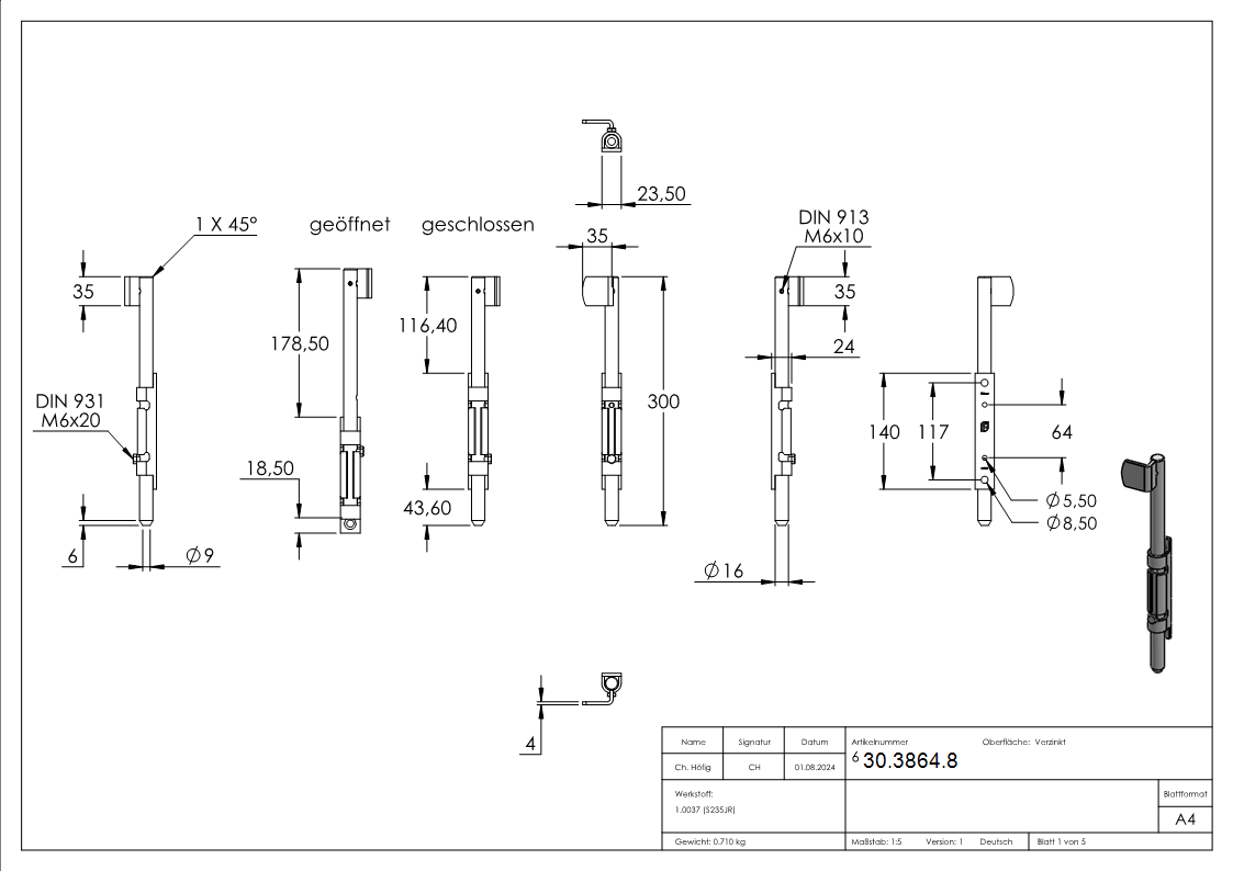 Bodenschieber - Torriegel - Laenge- 300 mm - verzinkt - zum Anschrauben-30-3864.8