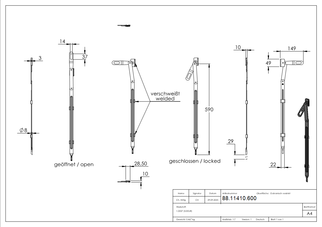 Torriegel zum Anschweissen- Laenge 600mm- verzinkt-88-11410.600
