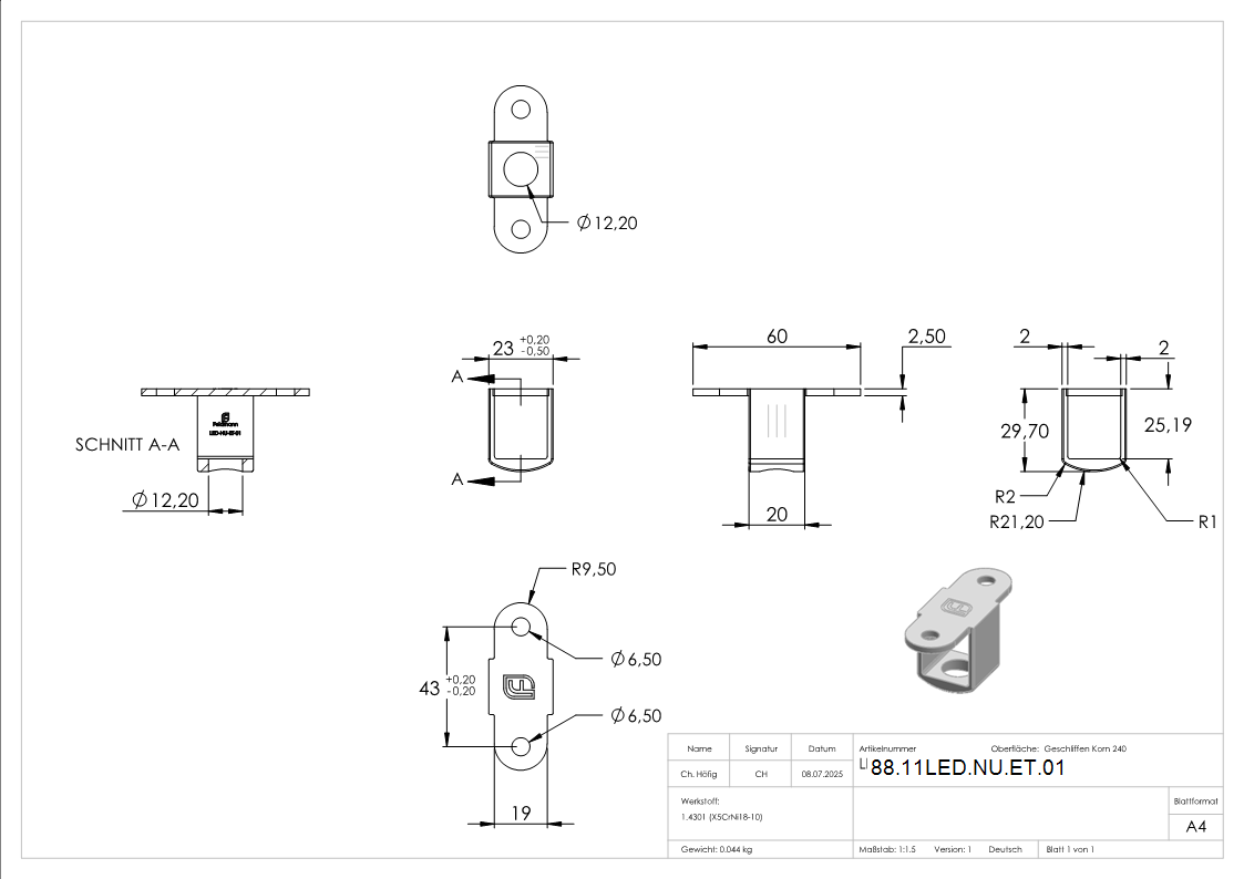 LED Anschlussplatte einzeln- V2A-88-11LED-NU-ET.01