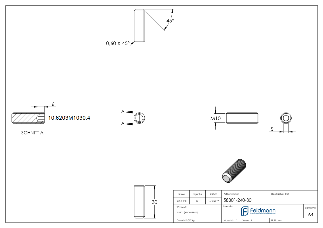 Gewindestift M10 x 30 mm- V2A-10-6203M1030.4