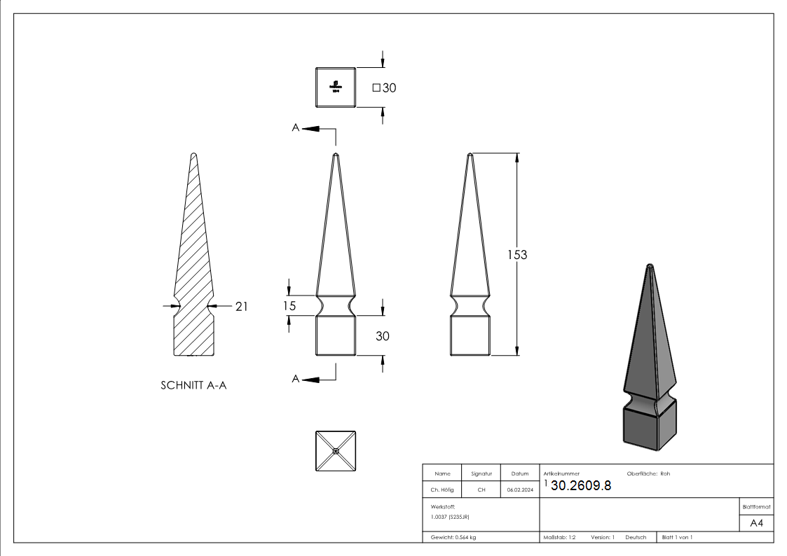 Zaunspitze - Hoehe- 153 mm - Material- 30x30 mm - Stahl S235JR- roh-30-2609.8