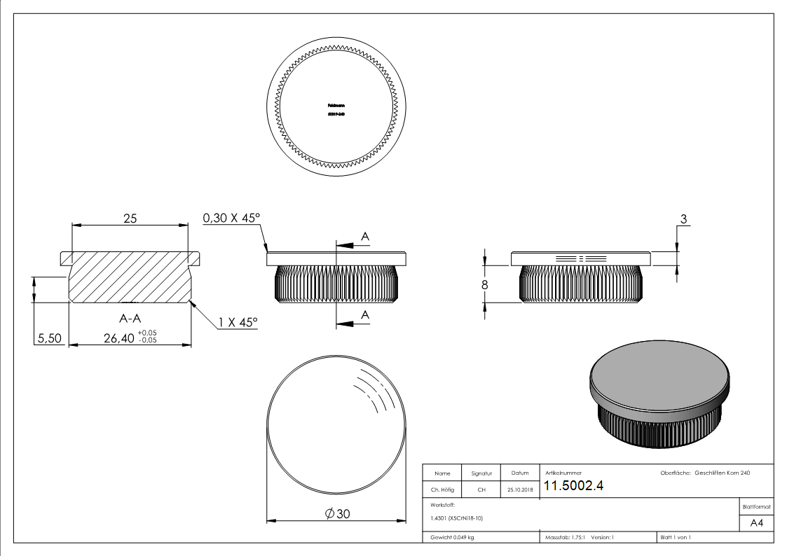 Einsteckkappe V2A Edelstahl fuer Rohr Ø 30 mm- Wandstaerke 2 mm- flach zum Einschlagen-11-5002.4
