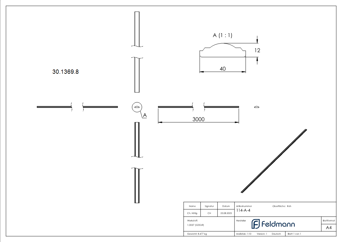 Handlauf 40x12 mm halbrund 3000mm Stahl S235JR roh-30-1369.8