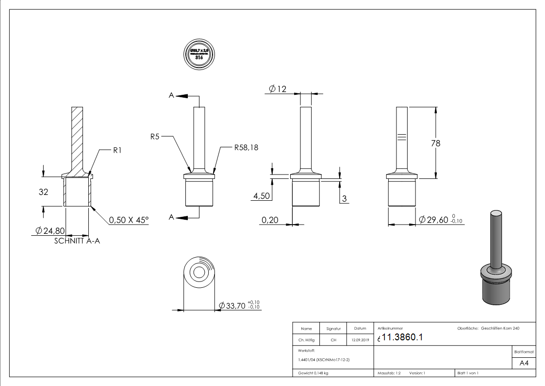 Handlaufstuetze aus einem Stueck fuer  33-7x2-0 mm V4A-11-3860.1