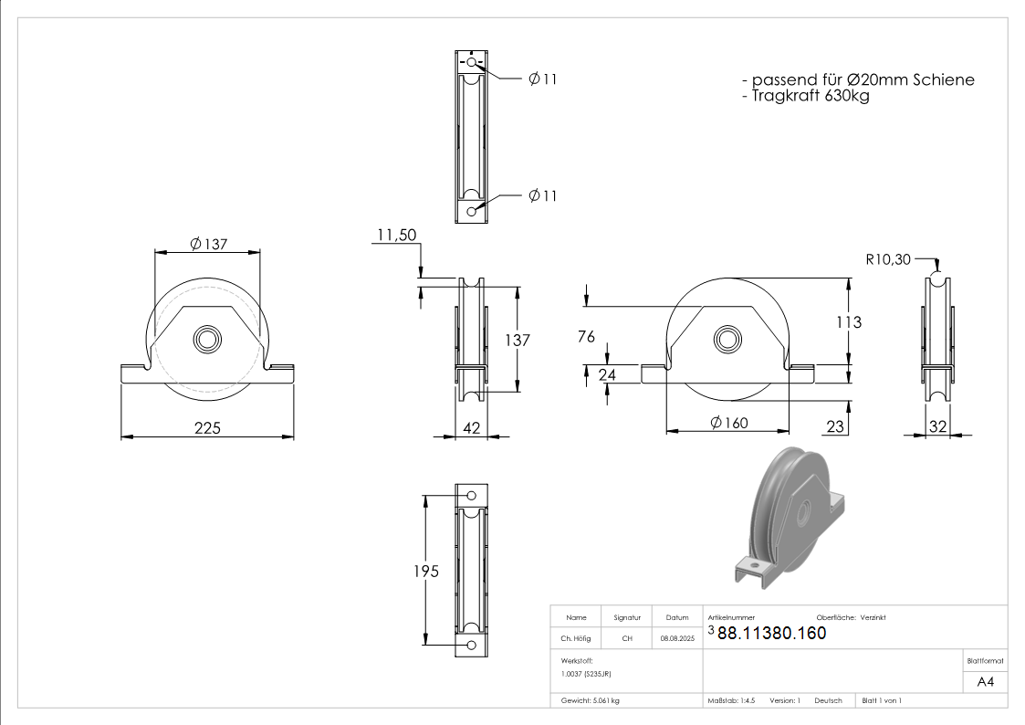 Schiebetorrolle Stahl galvanisch verzinkt  160 mm fr Schiene  20 mm 2 Kugellager-88-11380.160