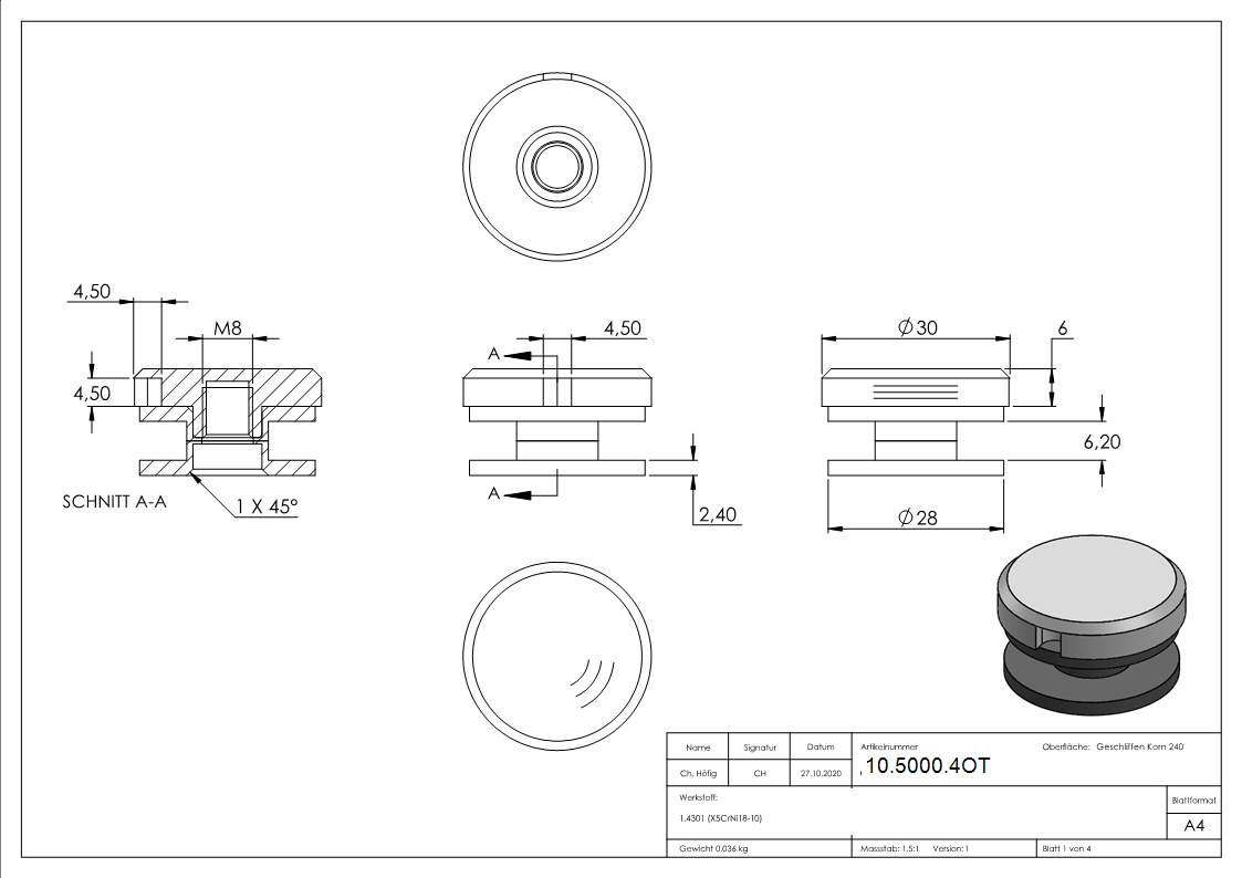 Glaspunkthalter-Oberteil Ø 30 mm- V2A-10-5000.4OT