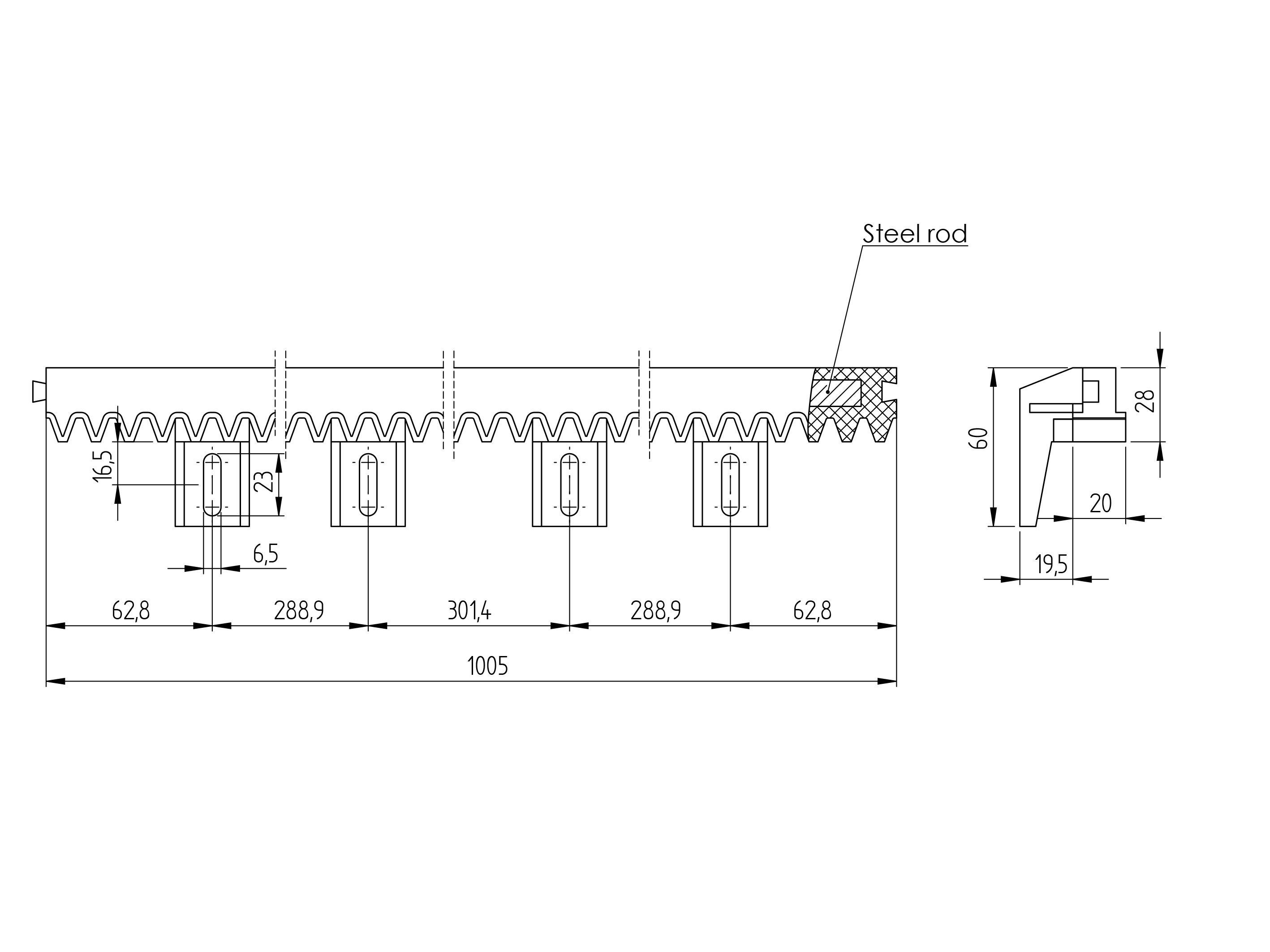 Zahnstange Kunststoff mit Stahlkern Modul 4 L=2m -2x1m- fr Schiebetore-89-11H01PVCJ2PACK-A.4