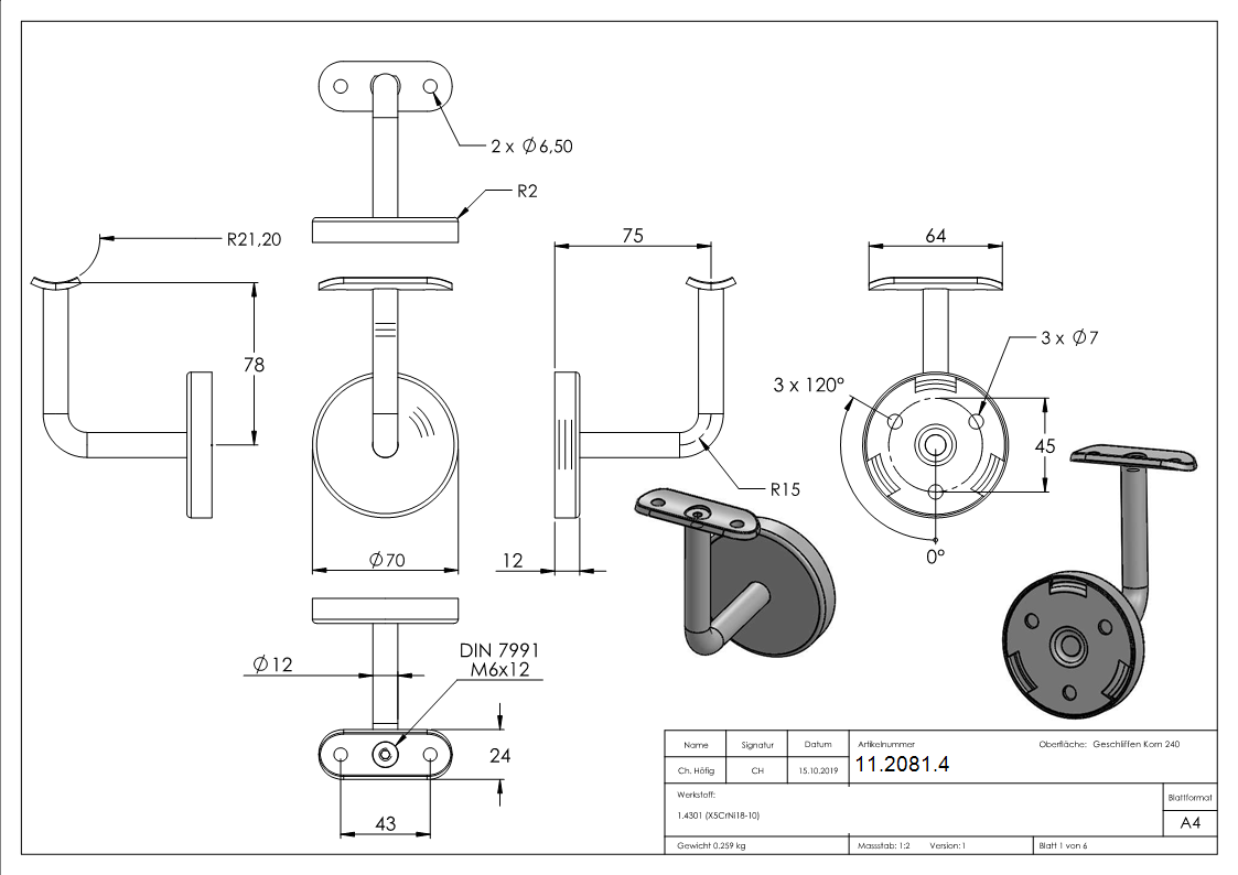 Handlaufhalter mit Halteplatte fuer Ø 42-4 mm V2A-11-2081.4