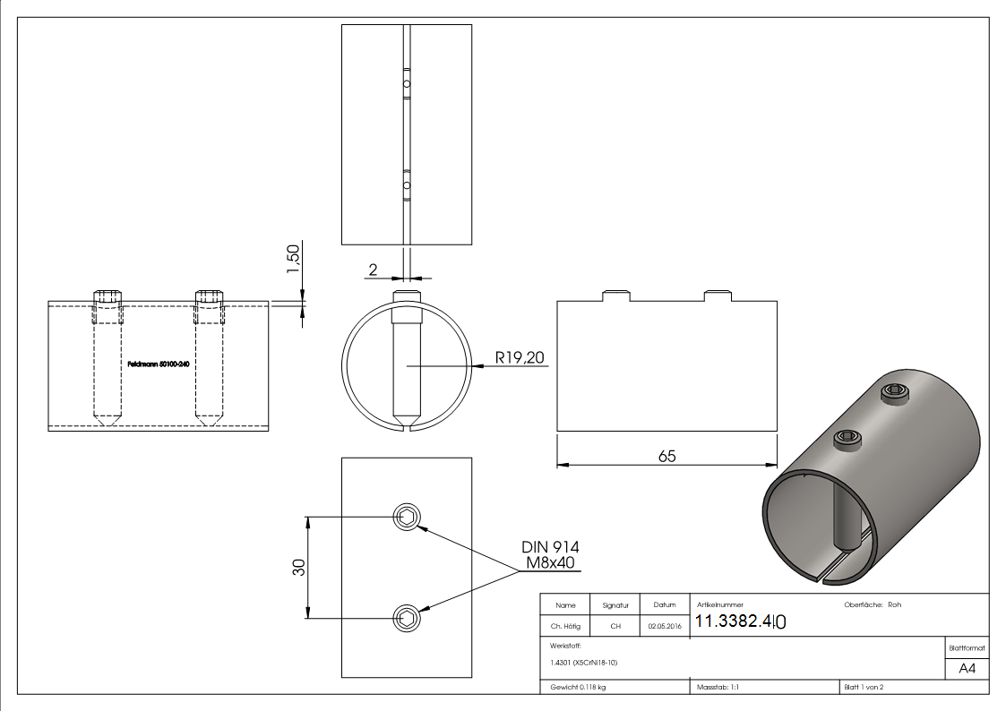 Verbindungshuelse fuer Rundrohr Ø 42-4x2-0 mm V2A-11-3382.4
