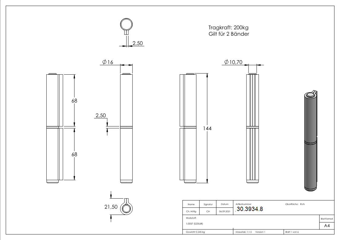 Anschweissband - 2-teilig - Tragkraft- 450kg - Stahl S235JR- roh-30-3934.8