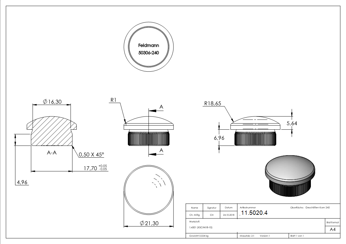 Einsteckkappe V2A Edelstahl fuer Rohr Ø 21-3 mm Wandstaerke 2-0 mm gewoelbt zum Einschlagen-11-5020.4