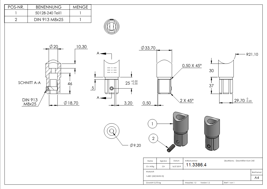 Anschlussstueck 90° fuer Rundrohr Ø 33-7x2-0 mm V2A-11-3386.4
