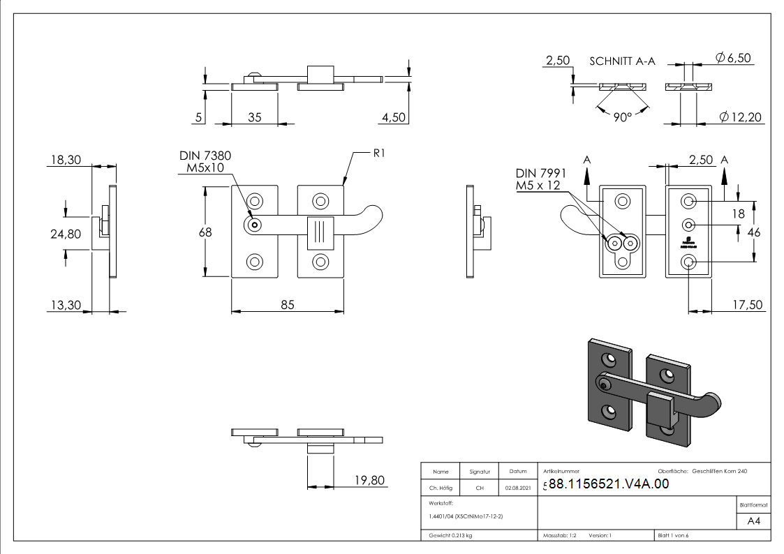 Tuerriegel fuer flache Profile- V4A-88-1156521-V4A.00