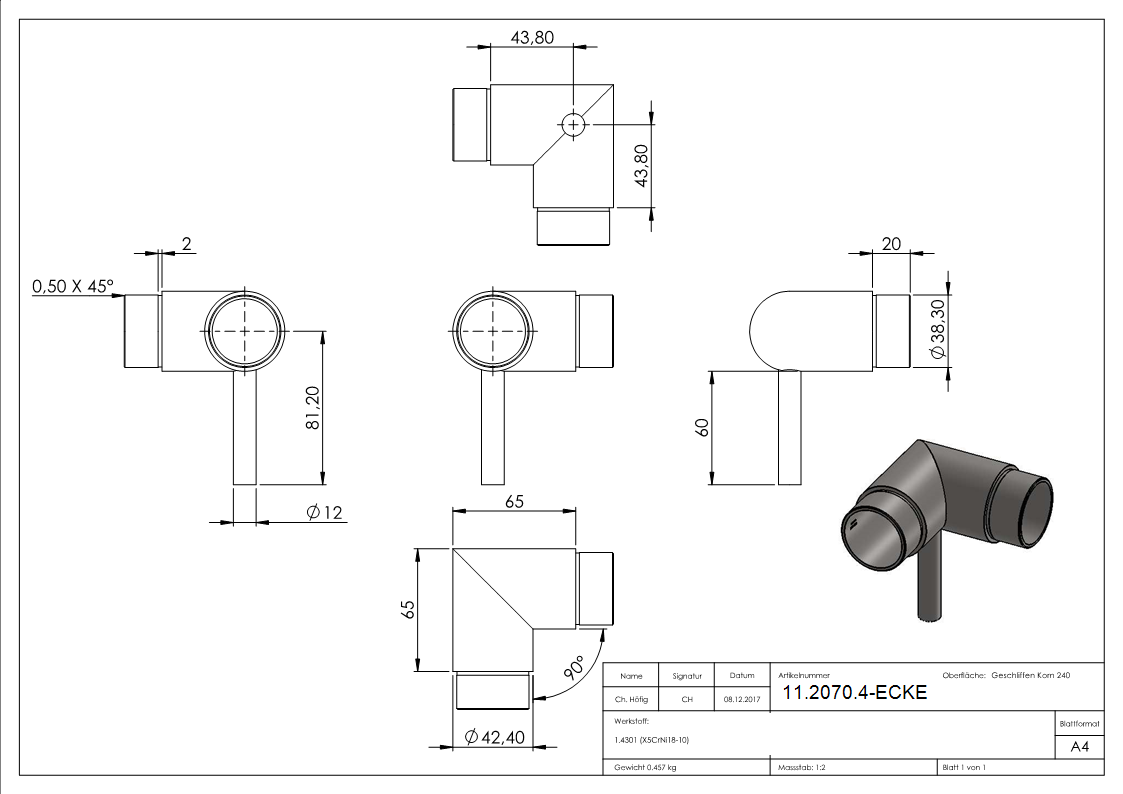 Steckecke mit Stift fuer Rundrohr Ø 42-4 x 2-0 mm V2A-11-2070.4-ECKE