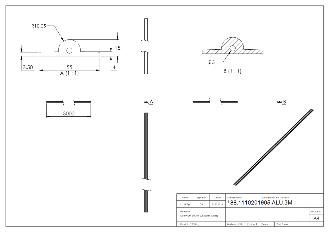 Laufschiene Aluminium Ø 19 mm L = 3000 mm zum Aufschrauben ohne Senkbohrungen-88-1110201905-ALU.3M