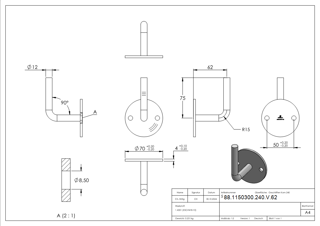 Handlaufhalter V2A Ronde 70x4mm Buegel 12mm Wandabstand 62mm zum Anschweissen-88-1150300-240-V.62