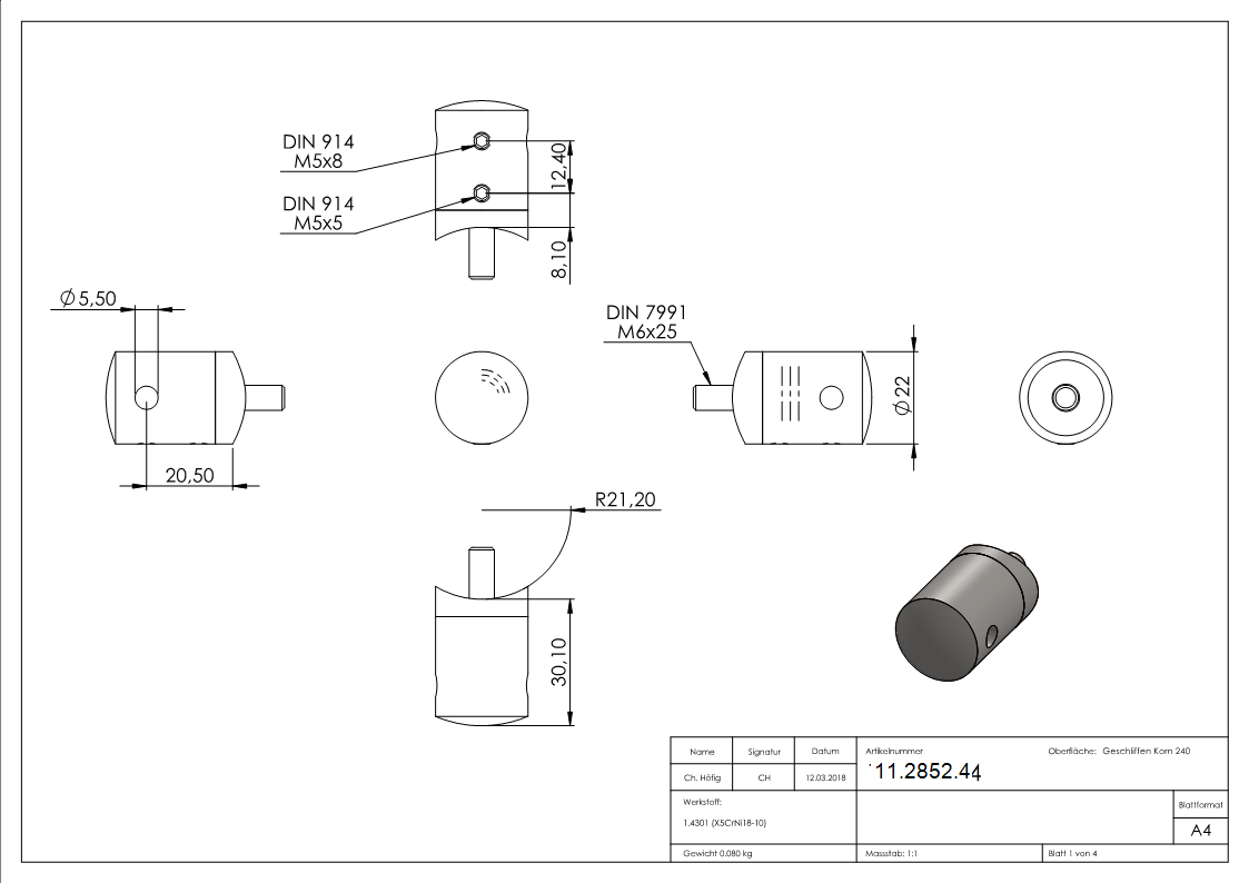 Seilhalter fuer Zwischenpfosten - Fuer Seil Ø 4 mm - Anschluss Ø 42-4 mm - V2A-11-2852.4