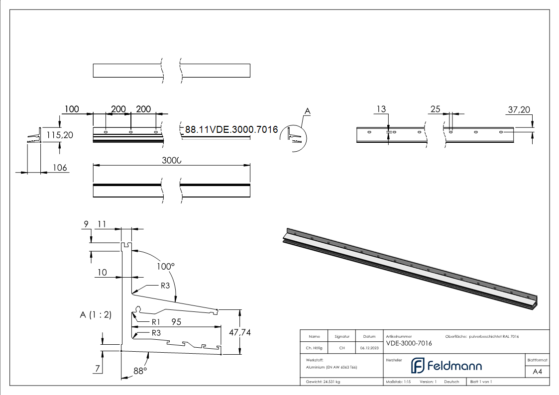Vordachprofil eleganza canopy- L- 3000mm- RAL7016-88-11VDE-3000.7016