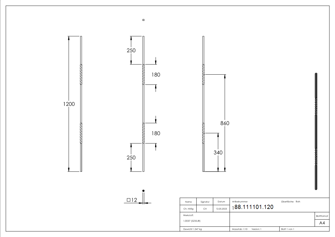Zwischenstab Stahl roh 12x12 mm H- 1200 mm 2x gedreht-88-111101.120