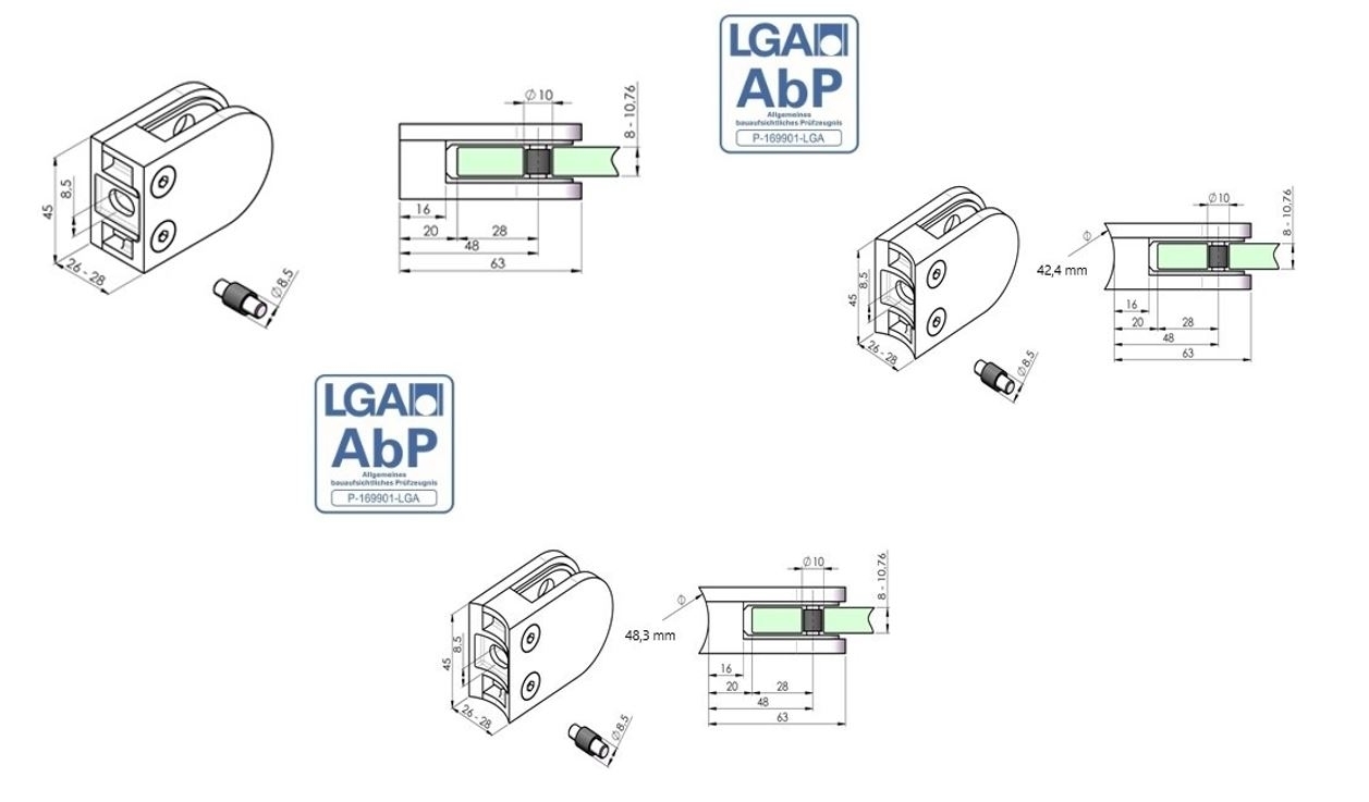 Glasklemme 63x45x28 mm Anschluss Flach - Ø 42-4 mm Glas bis 10-76 mm-18-22.4