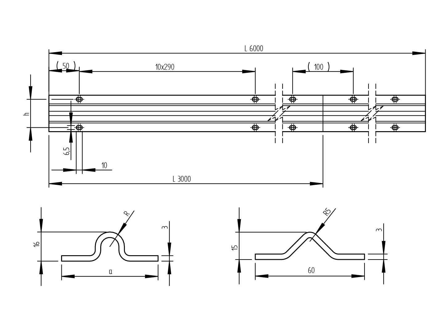 Bodenlaufschiene Edelstahl V2A U-Rille R10 L=3000 mm zum Anschrauben-89-11H839U3000-A.4