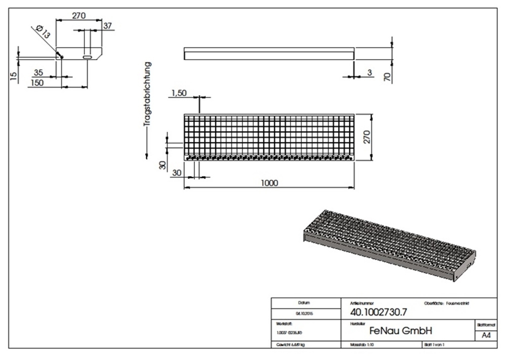 Gitterroststufe Treppenstufe Masse- 1000x270 mm 30-30 mm R13 S235JR -St37-2- im Vollbad feuerverzinkt-40-1002730.7R13