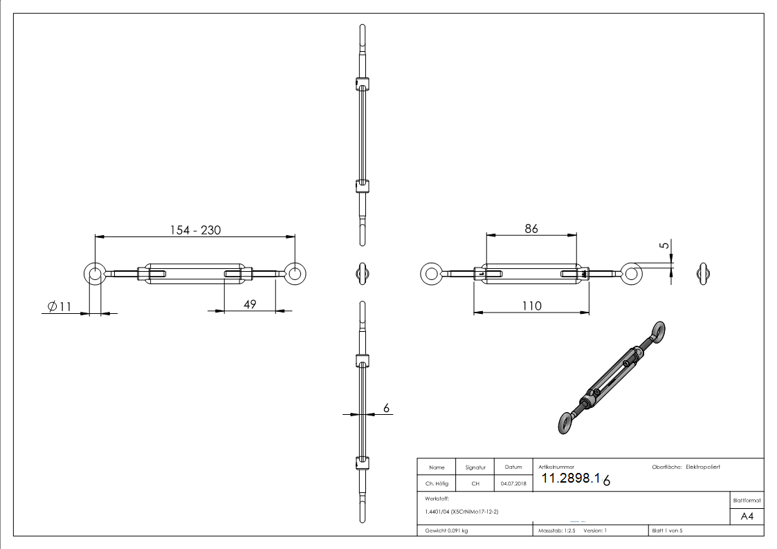 Spannschloss - M6 - Oese-Oese - mit Links-Rechtsgewinde - V4A-11-2898.1