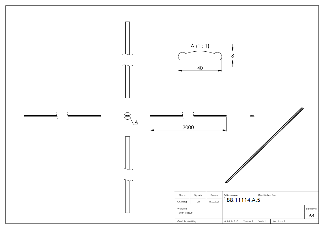 Handlauf 40x8 mm 3000mm Stahl roh Flachprofil fuer Gelaender-88-11114-A.5