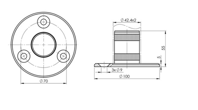 Bodenanker mit Raendelung  Masse-  Ø 100x5mm  fuer Rundrohr Ø 42-4x2 mm - V2A-11-3031.4