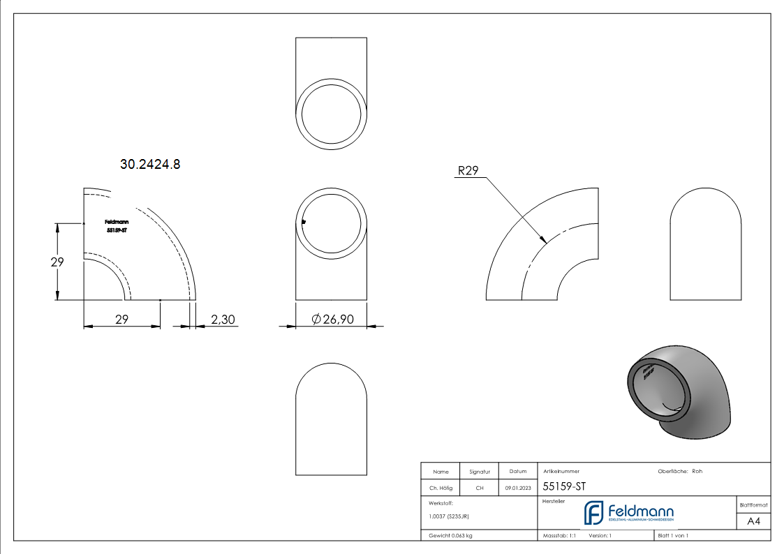 Rohrbogen 90° Stahl roh - 26-9 x 2-6 mm -¾- - S235JR-30-2424.8