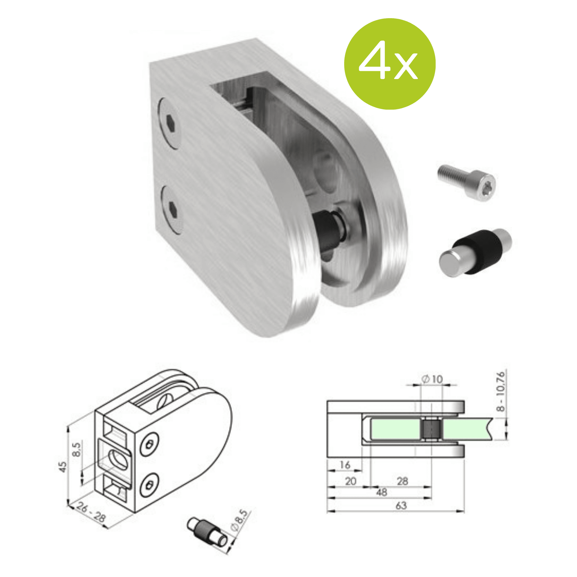 Glashalter V2A fuer 8-10-76 mm Glas geschliffen fuer Flachanschluss 4er Set-89-11A2200000SET4-A.4