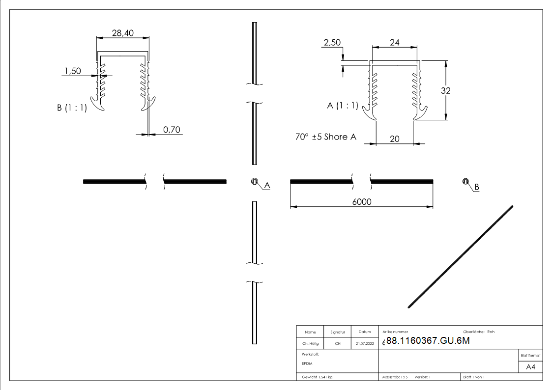 Keildichtung Glas 20-76 – 21-52mm- fuer Nut 27 x 30mm- Laenge 6m- EPDM-88-1160367-GU.6M