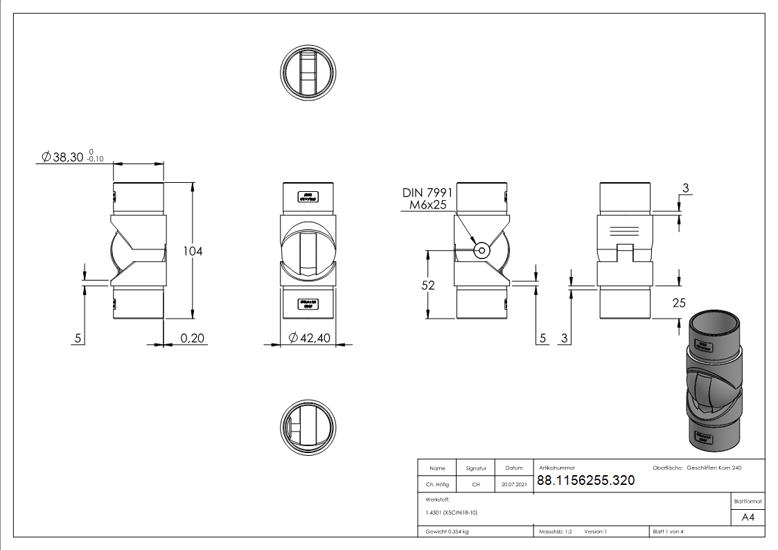 Gelenkstueck hohl fuer Kabeldurchfuehrung- Passend fuer Rohr 42-4 x 2-0mm-88-1156255.320