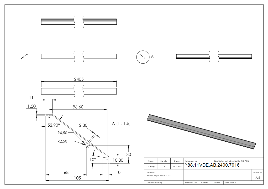 Design-Abdeckung fuer eleganza canopy- L- 2405mm- RAL 7016-88-11VDE-AB-2400.7016