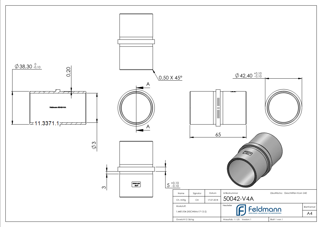 Steckfitting V4A Ø 42-4x2-0 mm mit Mittelsteg-11-3371.1