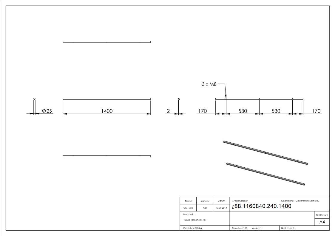 Laufschiene fuer Glasschiebetueren- Laenge 1400mm-88-1160840-240.1400