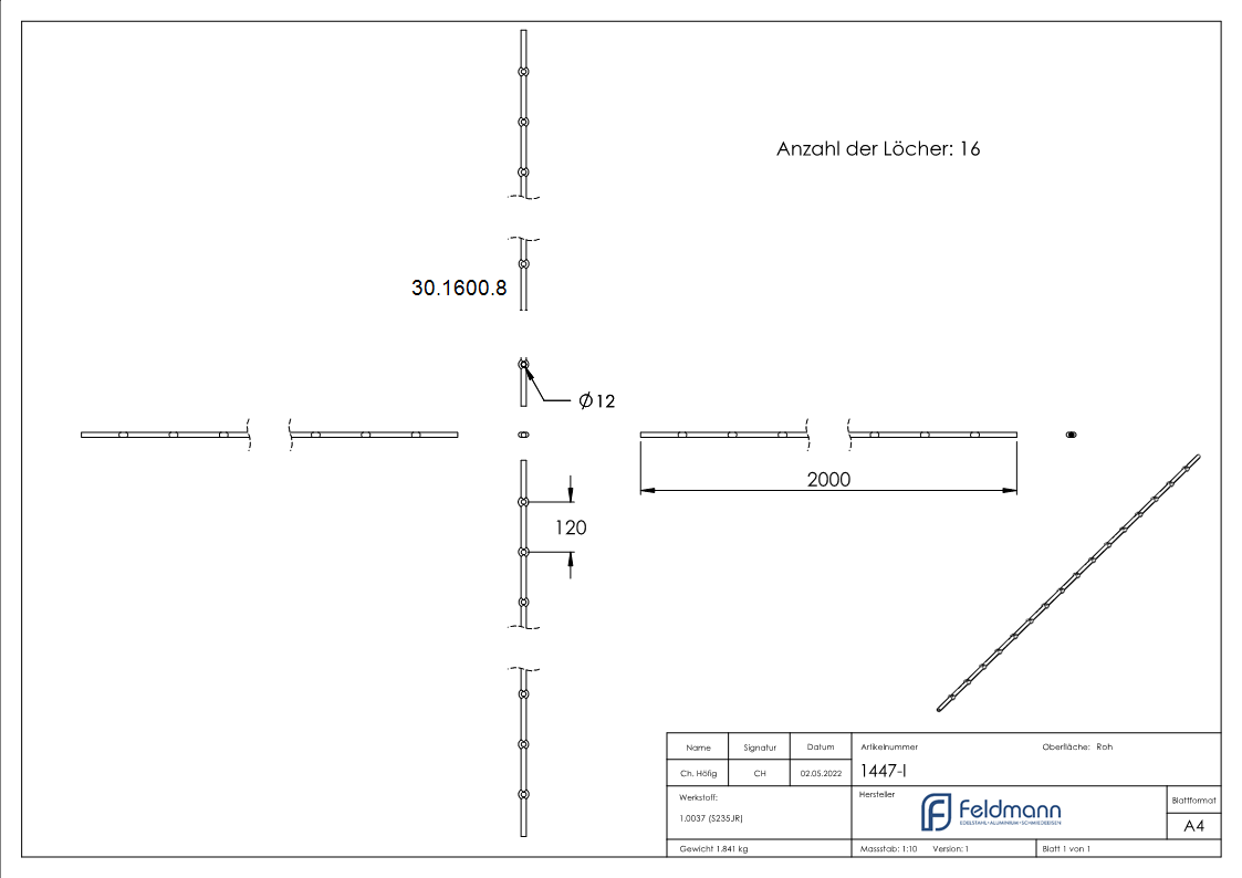 Lochleiste mit Rundloch Material- Ø 12 mm Laenge- 2000 mm Stahl -Roh- S235JR-30-1600.8