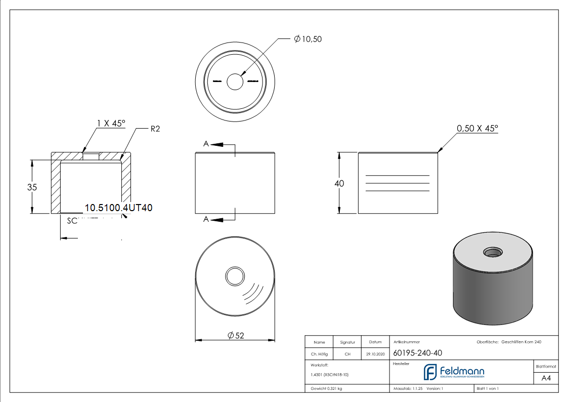 Glaspunkthalter-Unterteil Ø 52 mm- V2A- Hoehe- 40 mm-10-5100.4UT40