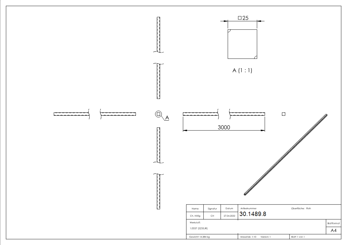 Vierkant gehaemmert - Material- 25x25 mm - Laenge- 3000 mm - Stahl -Roh- S235JR-30-1489.8