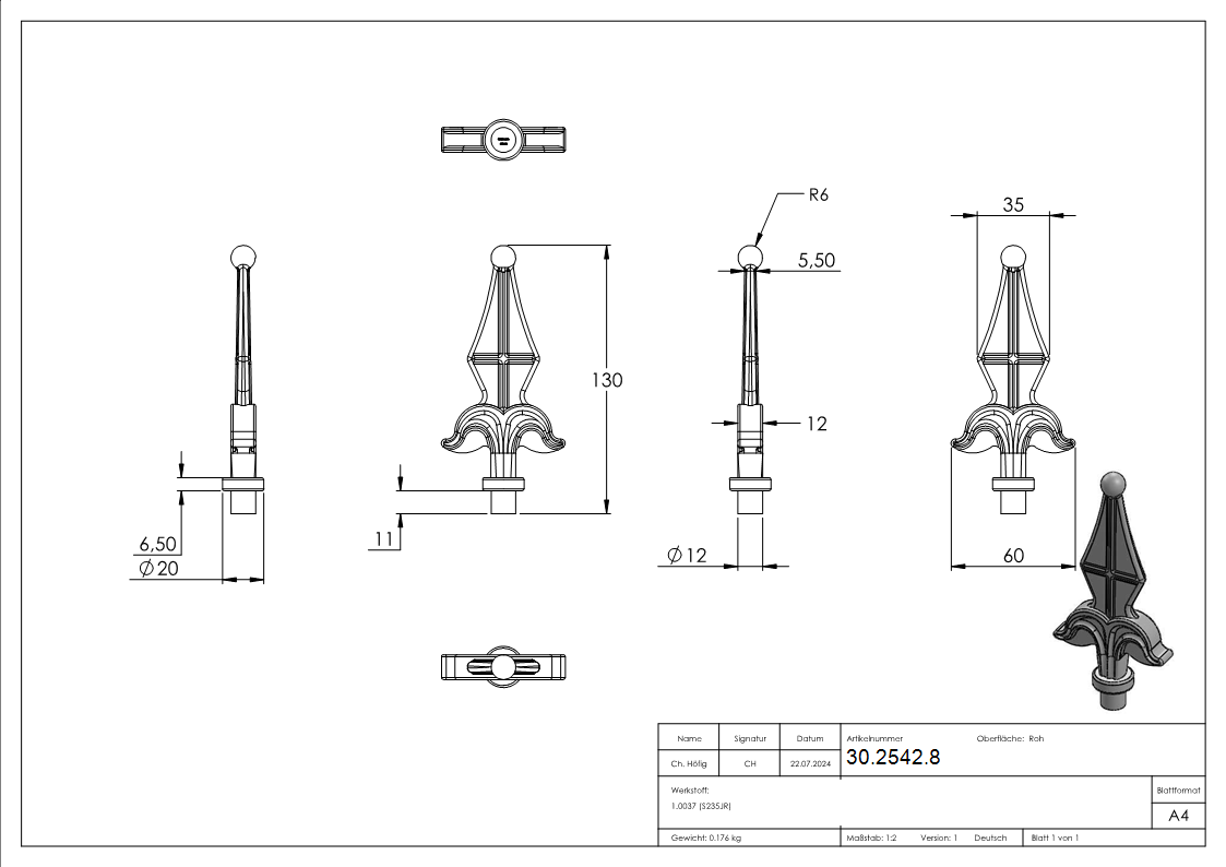 Zaunspitze - Hoehe- 130 mm - Material- Ø 12 mm - Stahl S235JR- roh-30-2542.8