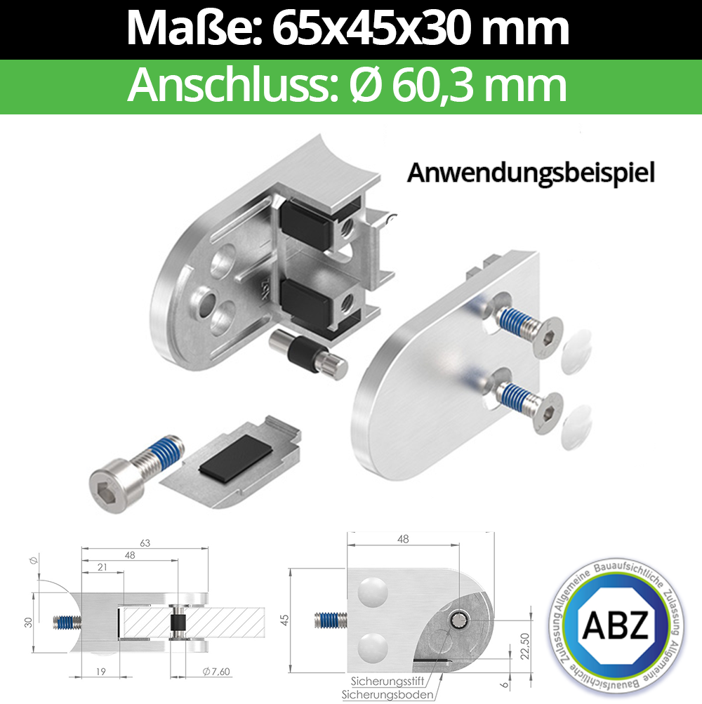 Glasklemme AbZ 63x45x30 mm Ø 60-3 mm- fuer 6-76 mm VSG Glas- Sicherungsstift -Bohrung 12 mm- Ja - mit Sicherungsboden-10-MODELL38-60-6-3.2