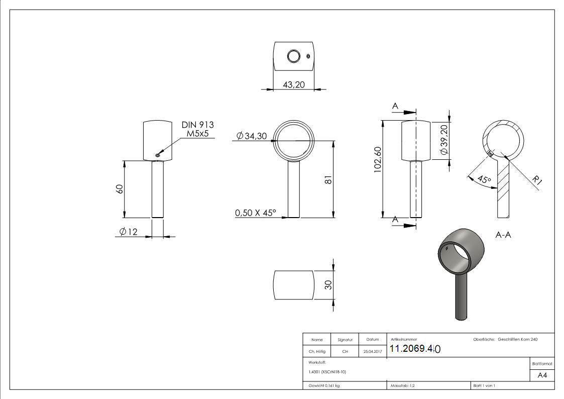 Handlaufhalterring fuer Rundrohr Ø 33-7 mm V2A-11-2069.4